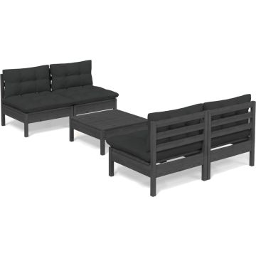 vidaXL 5-delige Loungeset met antracietkleurige kussens grenenhout