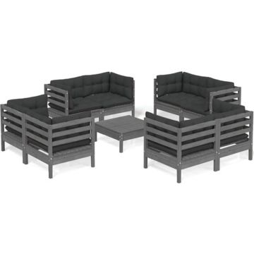 vidaXL 9-delige Loungeset met antracietkleurige kussens grenenhout