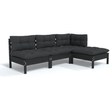 vidaXL 4-delige Loungeset met kussens grenenhout zwart