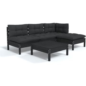 vidaXL 5-delige Loungeset met kussens grenenhout zwart