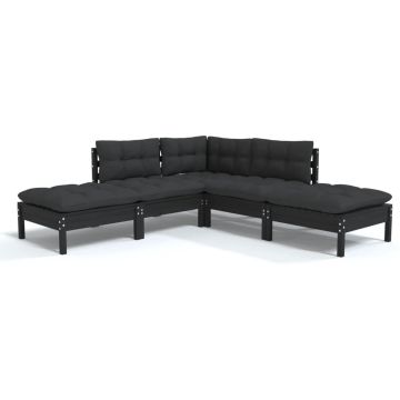 vidaXL 5-delige Loungeset met kussens grenenhout zwart