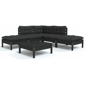 vidaXL 6-delige Loungeset met kussens grenenhout zwart