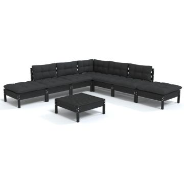 vidaXL 8-delige Loungeset met kussens grenenhout zwart