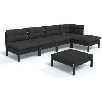 vidaXL 6-delige Loungeset met kussens grenenhout zwart