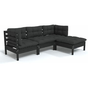 vidaXL 4-delige Loungeset met kussens grenenhout zwart