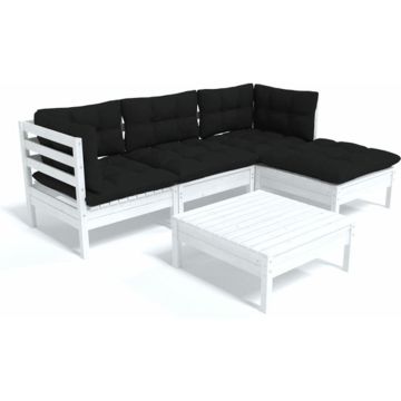 vidaXL 5-delige Loungeset met kussens grenenhout wit