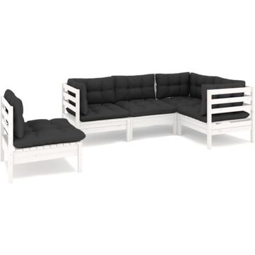 vidaXL 5-delige Loungeset met kussens grenenhout wit