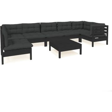 vidaXL 8-delige Loungeset met kussens grenenhout zwart