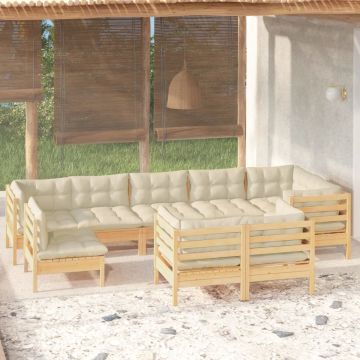 vidaXL 9-delige Loungeset met crèmekleurige kussens grenenhout