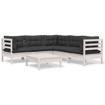 vidaXL 6-delige Loungeset met kussens massief grenenhout wit