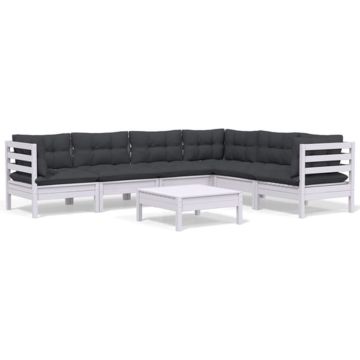 vidaXL 7-delige Loungeset met kussens massief grenenhout wit