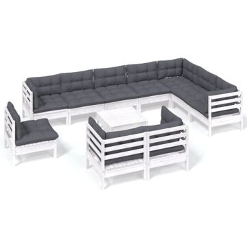 vidaXL 11-delige Loungeset met kussens massief grenenhout wit