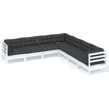 vidaXL 7-delige Loungeset met kussens massief grenenhout wit