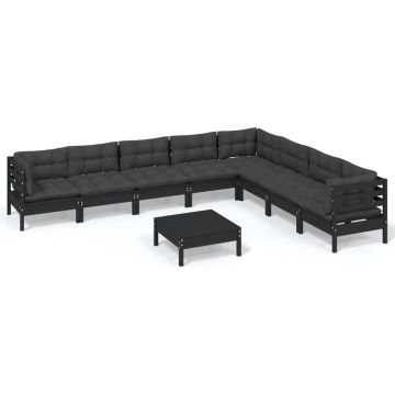 vidaXL 9-delige Loungeset met kussens massief grenenhout zwart