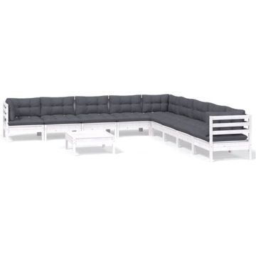 vidaXL 10-delige Loungeset met kussens massief grenenhout wit