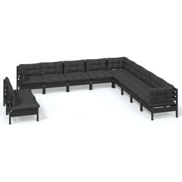 vidaXL 11-delige Loungeset met kussens massief grenenhout zwart