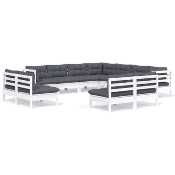 vidaXL 11-delige Loungeset met kussens massief grenenhout wit