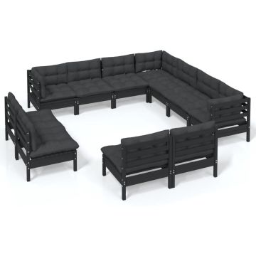 vidaXL 11-delige Loungeset met kussens massief grenenhout zwart