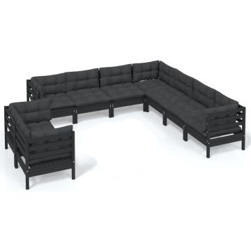 vidaXL 9-delige Loungeset met kussens massief grenenhout zwart