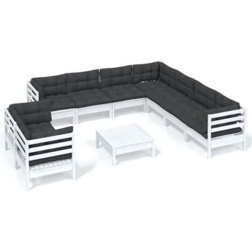 vidaXL 10-delige Loungeset met kussens massief grenenhout wit