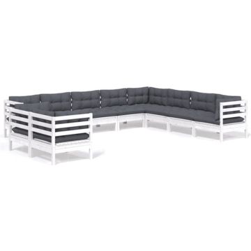 vidaXL 10-delige Loungeset met kussens massief grenenhout wit