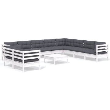 vidaXL 11-delige Loungeset met kussens massief grenenhout wit