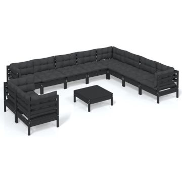 vidaXL 11-delige Loungeset met kussens massief grenenhout zwart