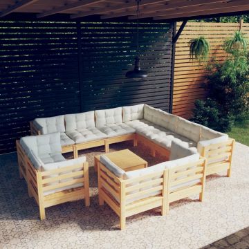 vidaXL 12-delige Loungeset met crèmekleurige kussens grenenhout