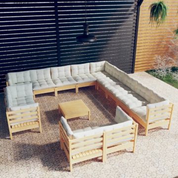 vidaXL 14-delige Loungeset met crèmekleurige kussens grenenhout