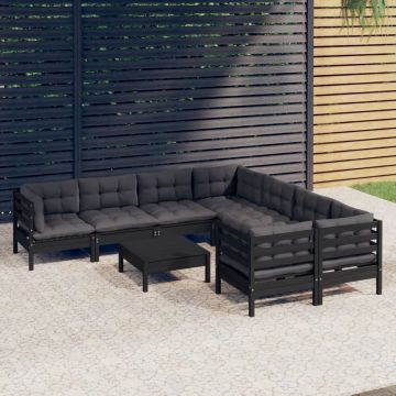 vidaXL 9-delige Loungeset met kussens grenenhout zwart