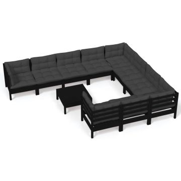 vidaXL 11-delige Loungeset met kussens grenenhout zwart