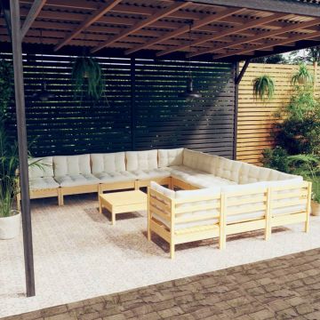 vidaXL 12-delige Loungeset met crèmekleurige kussens grenenhout