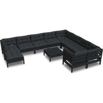 vidaXL 11-delige Loungeset met kussens grenenhout zwart