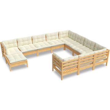 vidaXL 11-delige Loungeset met crèmekleurige kussens grenenhout