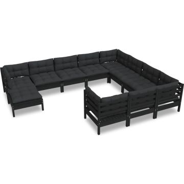 vidaXL 11-delige Loungeset met kussens grenenhout zwart