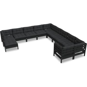 vidaXL 11-delige Loungeset met kussens grenenhout zwart