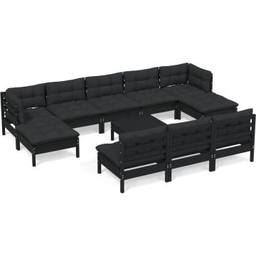 vidaXL 11-delige Loungeset met kussens grenenhout zwart