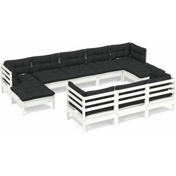 vidaXL 10-delige Loungeset met kussens massief grenenhout wit