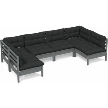 vidaXL 6-delige Loungeset met kussens massief grenenhout grijs