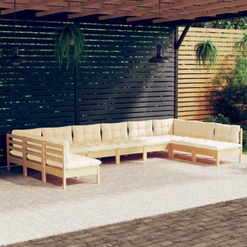 vidaXL 10-delige Loungeset met crèmekleurige kussens grenenhout