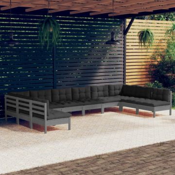 vidaXL 10-delige Loungeset met kussens massief grenenhout grijs