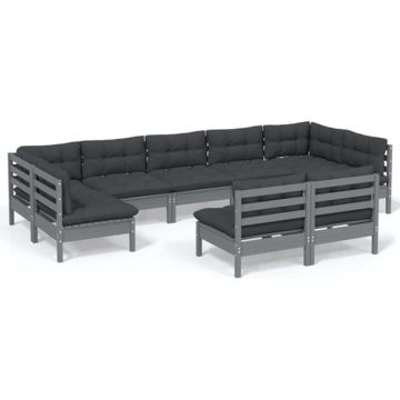 vidaXL 9-delige Loungeset met kussens massief grenenhout grijs