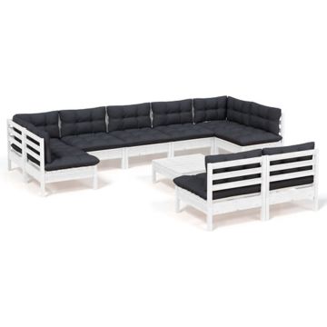 vidaXL 10-delige Loungeset met kussens massief grenenhout wit