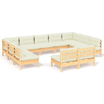 vidaXL 11-delige Loungeset met crèmekleurige kussens grenenhout