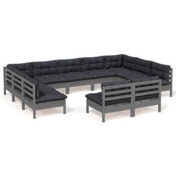 vidaXL 11-delige Loungeset met kussens massief grenenhout grijs