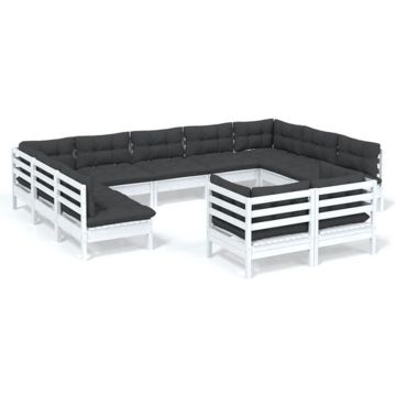 vidaXL 11-delige Loungeset met kussens massief grenenhout wit