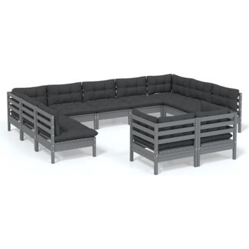 vidaXL 11-delige Loungeset met kussens massief grenenhout grijs