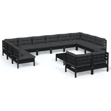 vidaXL 13-delige Loungeset met kussens grenenhout zwart