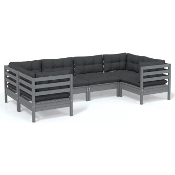 vidaXL 6-delige Loungeset met kussens grenenhout grijs