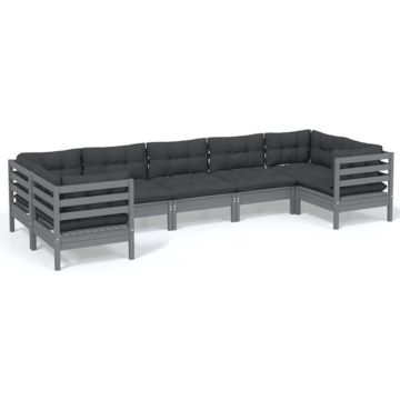 vidaXL 7-delige Loungeset met kussens grenenhout grijs